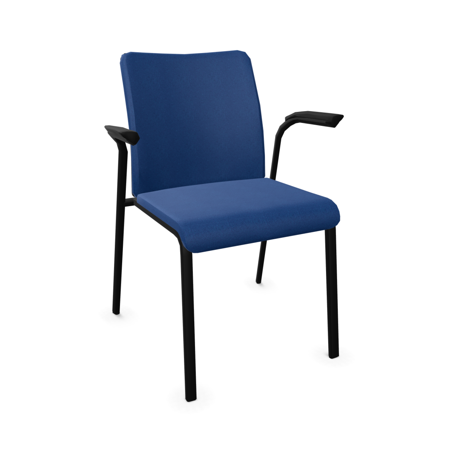 Blauer Steelcase Eastside Stuhl mit Polsterrücken und schwarzen Armlehnen, stapelbarer Konferenzstuhl für Büro und Wartezimmer.